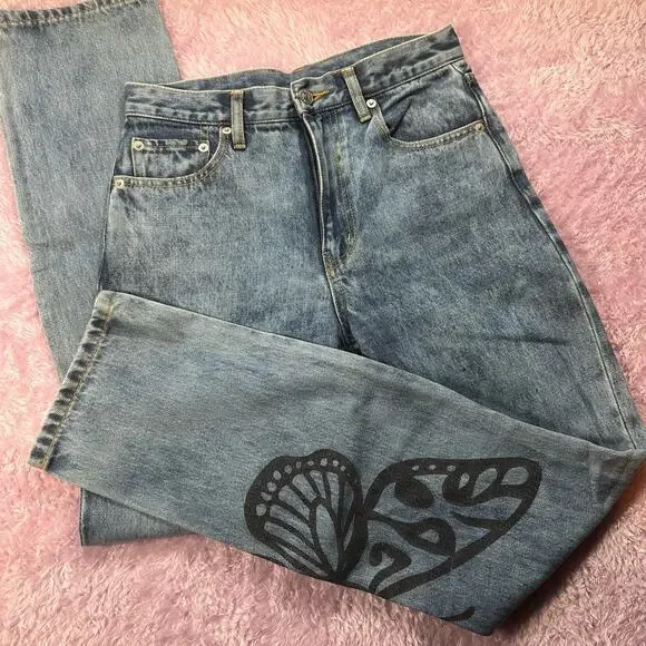 🍒[ X-Girl ] Butterfly Print Acid Wash Straight Leg Jeans - Picture 15 of 15